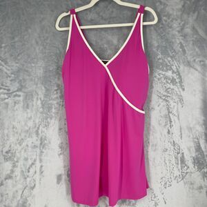 Jessica London Swim Dress Womens 18 Hot Pink White Trim Tie Padded Cups Slimming